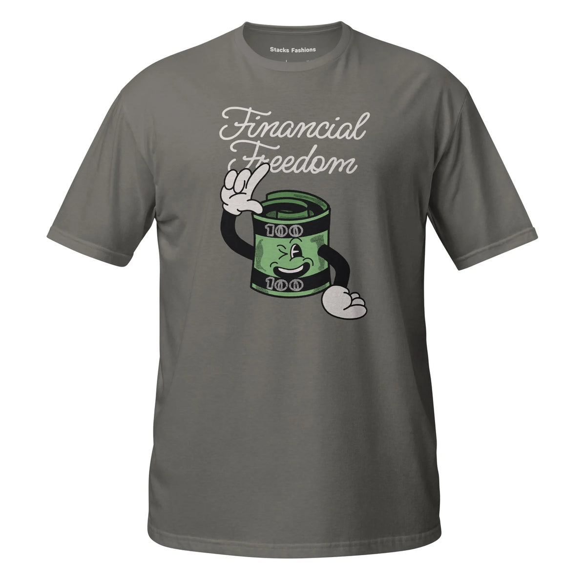 Stacks Financial Freedom T-Shirt Charcoal Front Flat Mockup