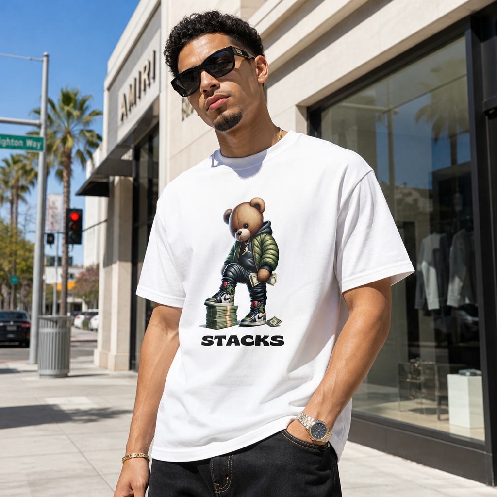 Stacks Drip Bear Heavyweight Tee White On-Model