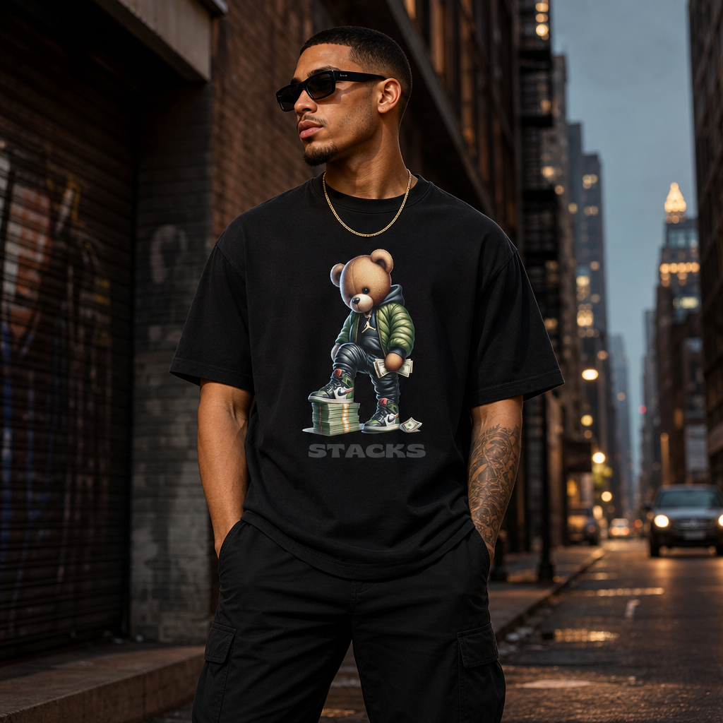Stacks Drip Bear Heavyweight Tee Black On-Model