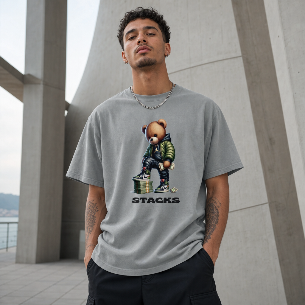 Stacks Drip Bear Heavyweight Tee Granite On-Model