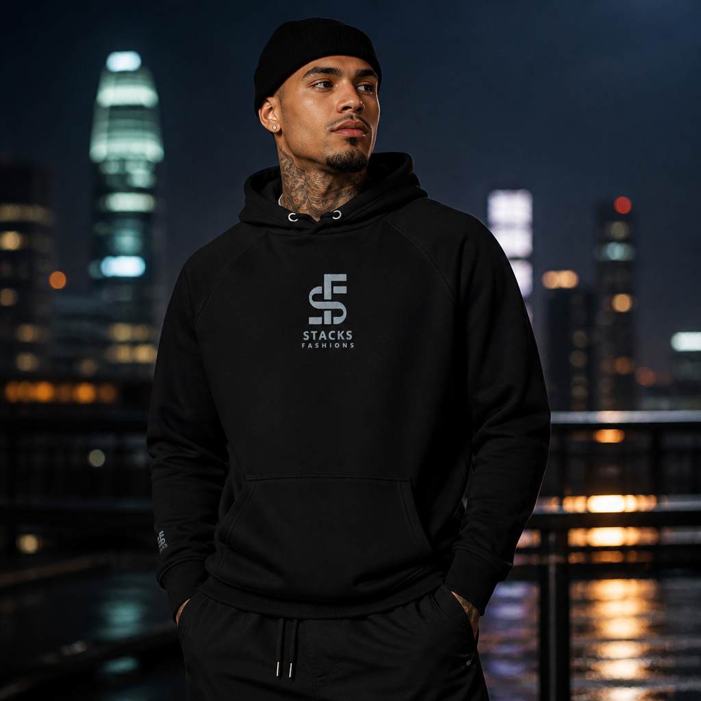 Stacks Signature Unisex Eco Raglan Hoodie Black On-Model