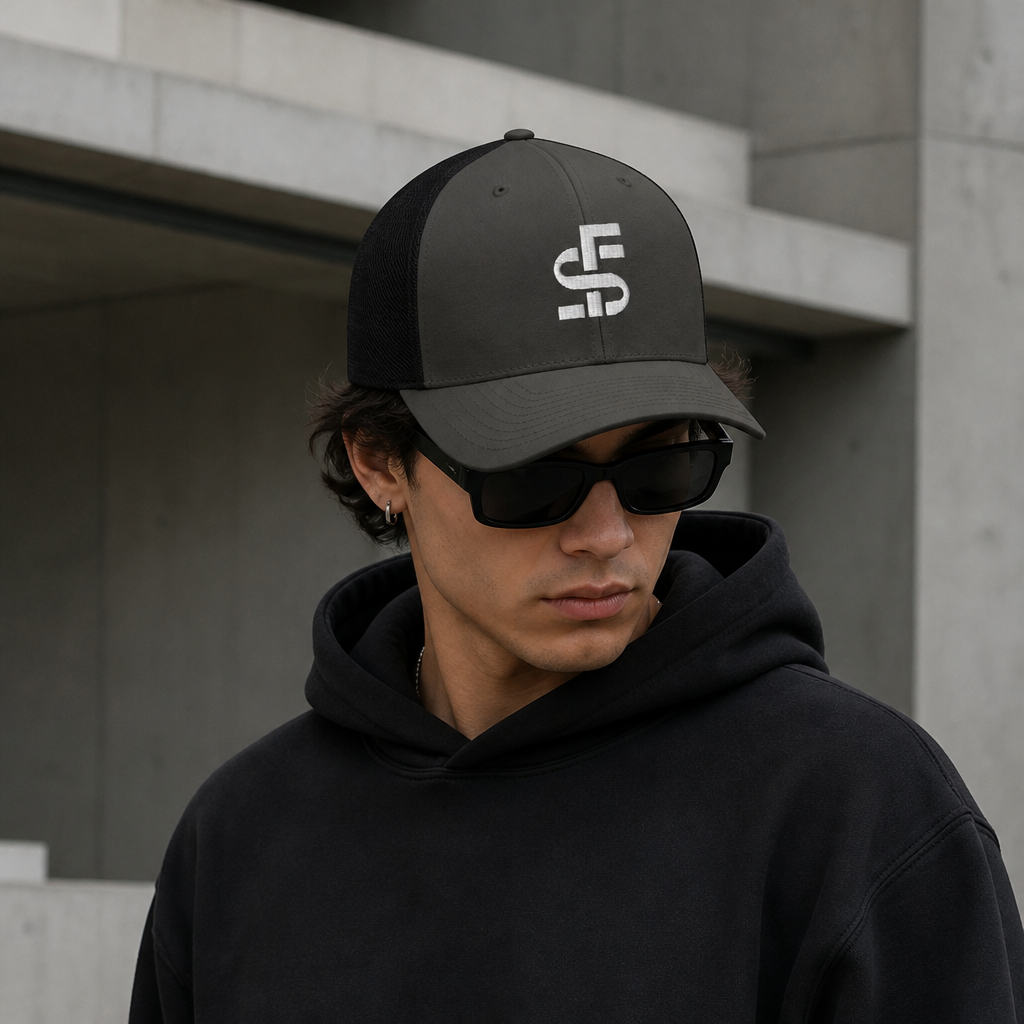 Stacks Signature Retro Trucker Cap Charcoal Black On-Model