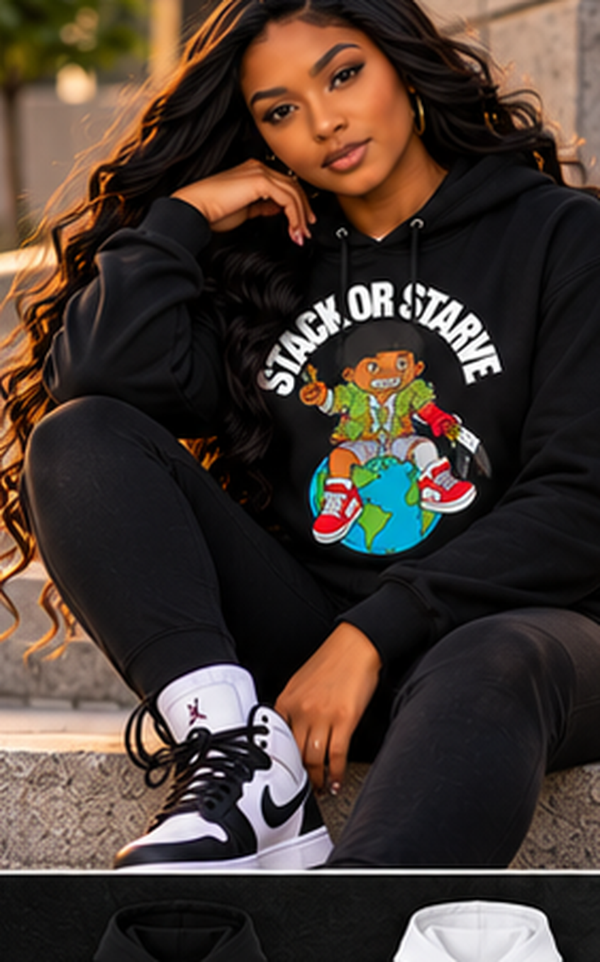 Stacks Fashions Stack or Starve hoodie female black model