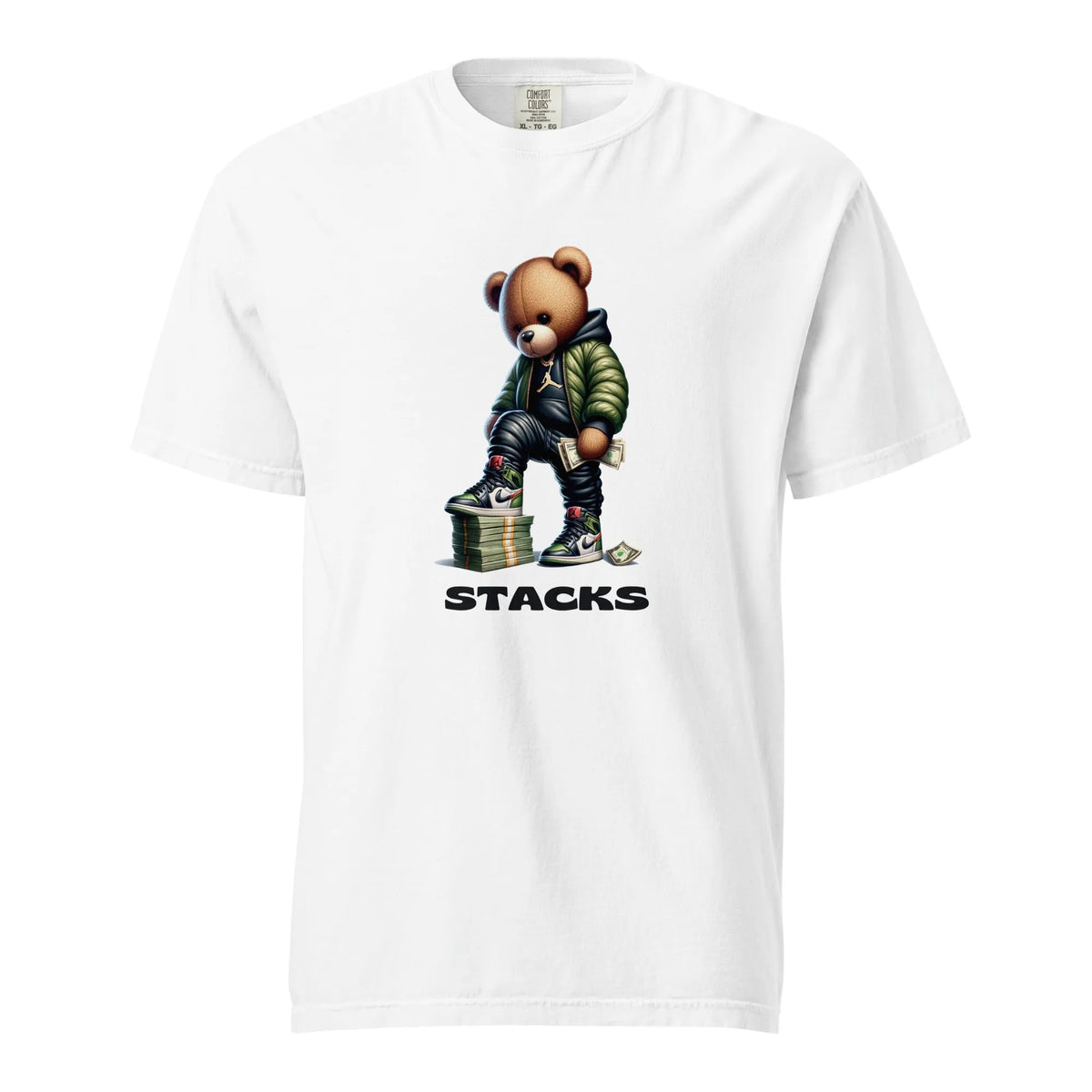 Stacks Drip Bear Heavyweight Tee White Flat Mockup