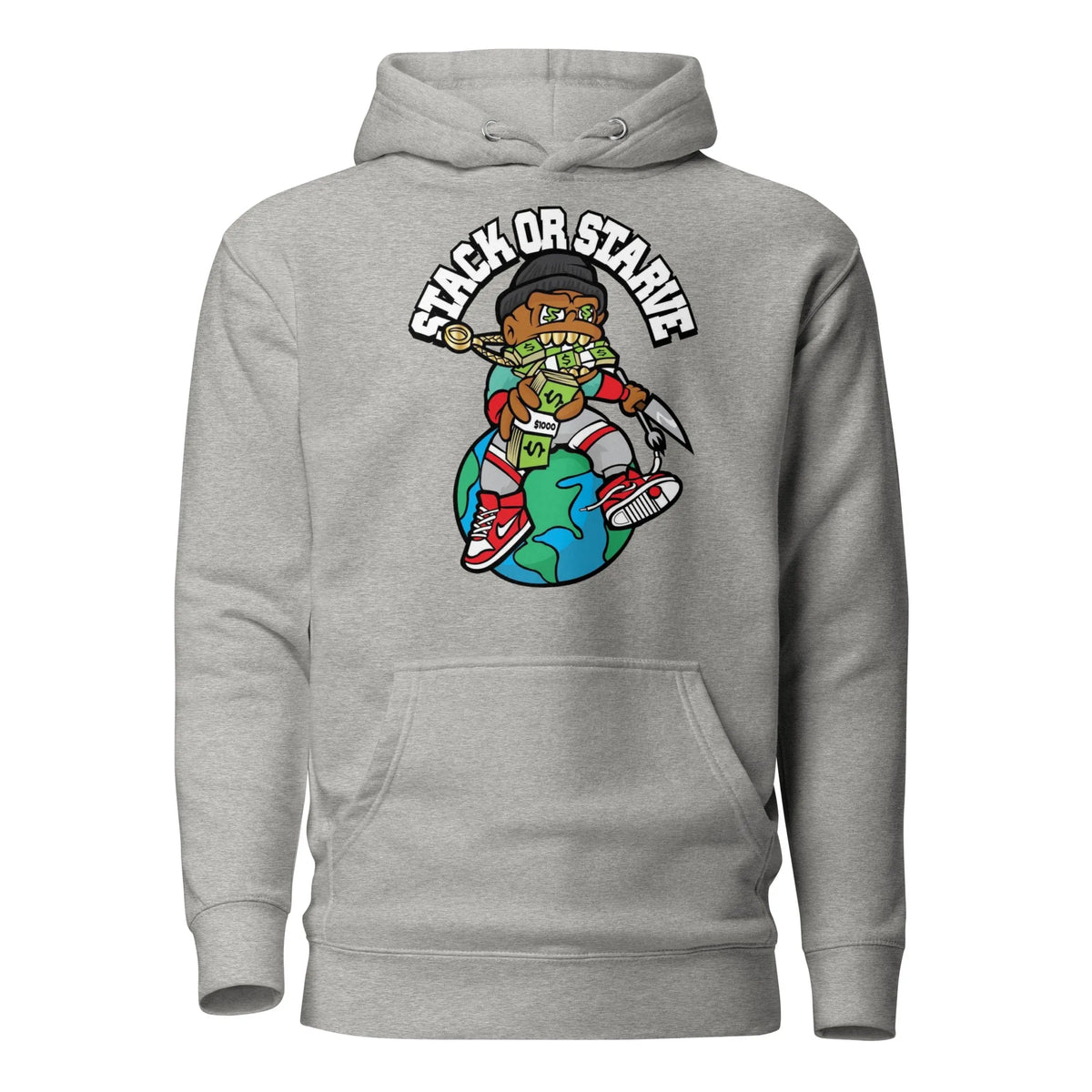 Stacks Stack or Starve Premium Hoodie Carbon Grey Flat Mockup