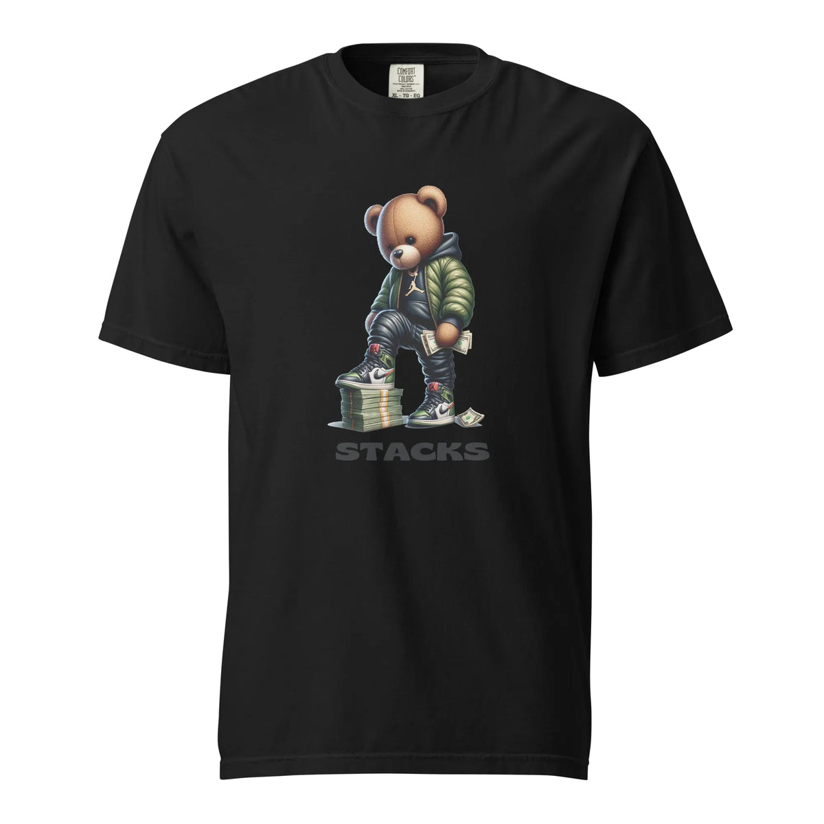 Stacks Drip Bear Heavyweight Tee Black Flat Mockup