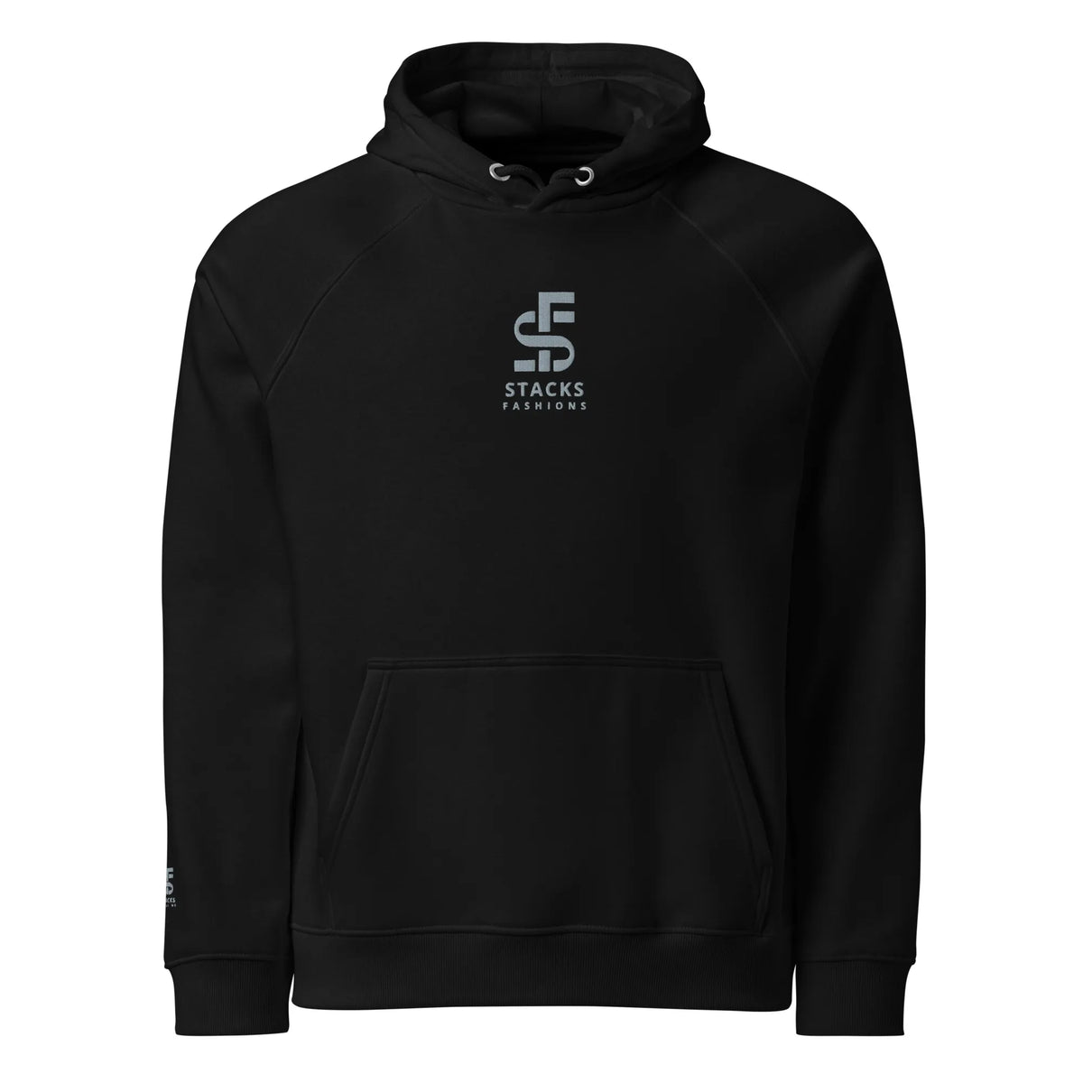 Stacks Signature Unisex Eco Raglan Hoodie Black Flat Mockup