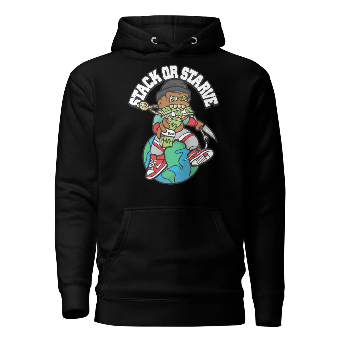 Stacks Stack or Starve Premium Hoodie Black Flat Mockup