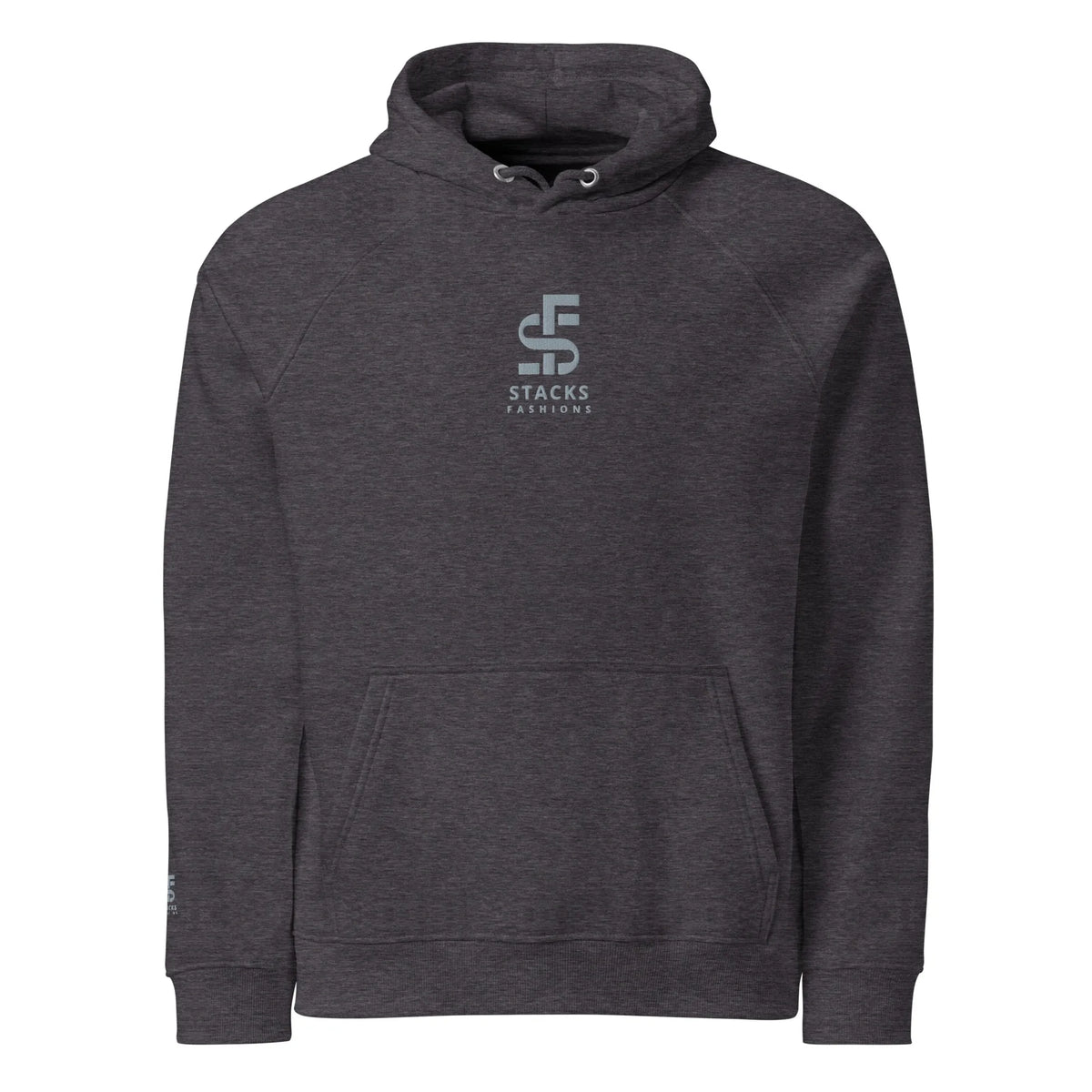 Stacks Signature Unisex Eco Raglan Hoodie Charcoal Melange Flat Mockup