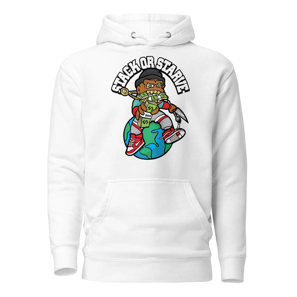 Stacks Stack or Starve Premium Hoodie White Flat Mockup