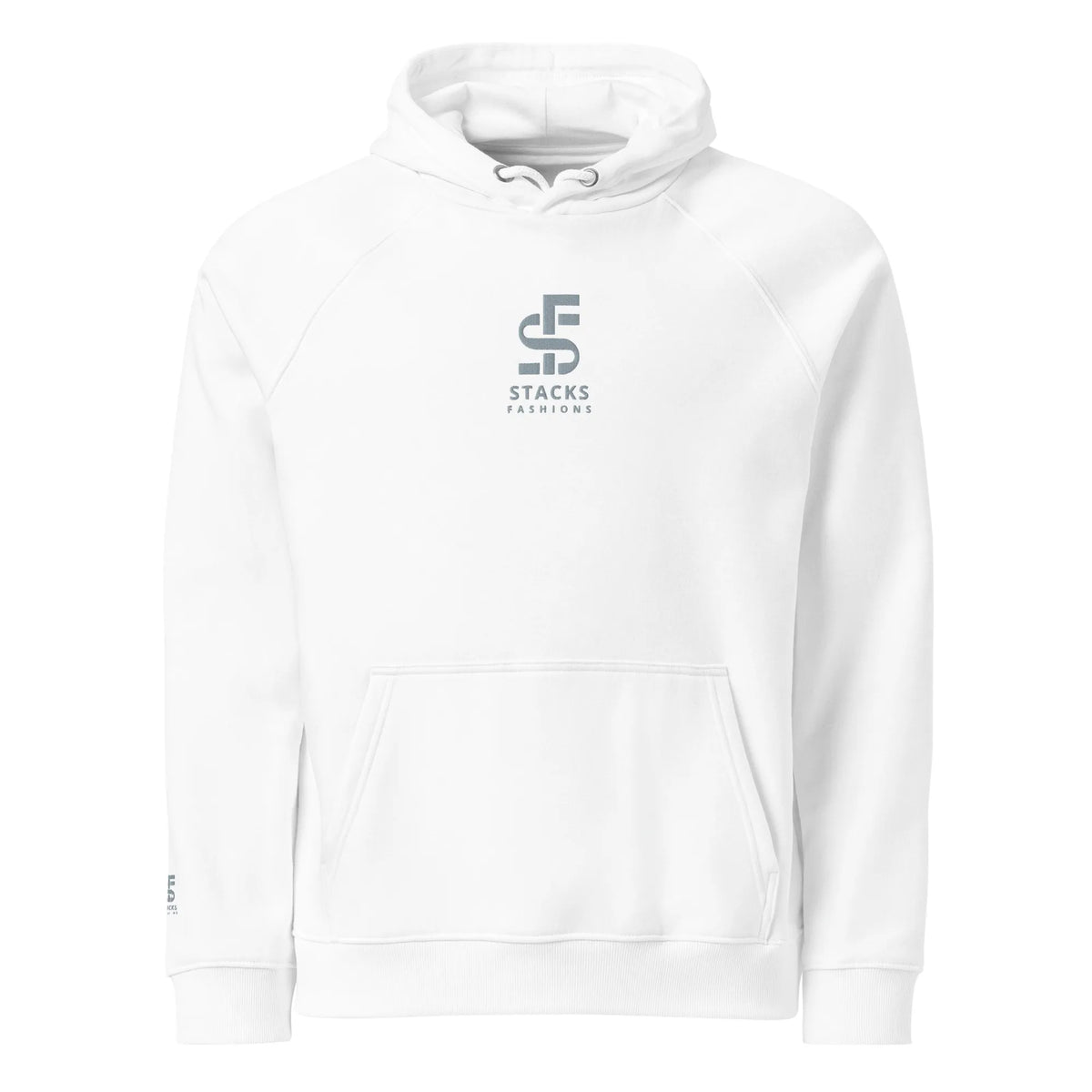 Stacks Signature Unisex Eco Raglan Hoodie White Flat Mockup