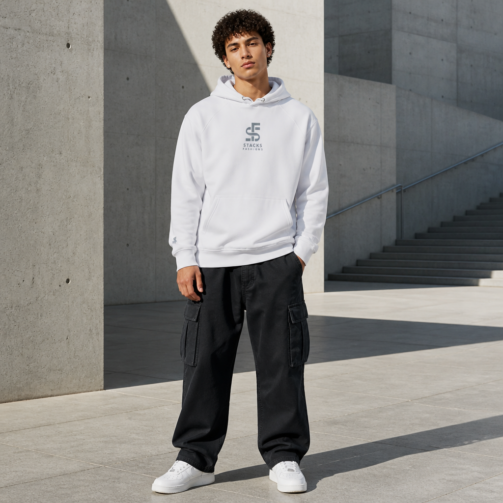 Stacks Signature Unisex Eco Raglan Hoodie White On-Model