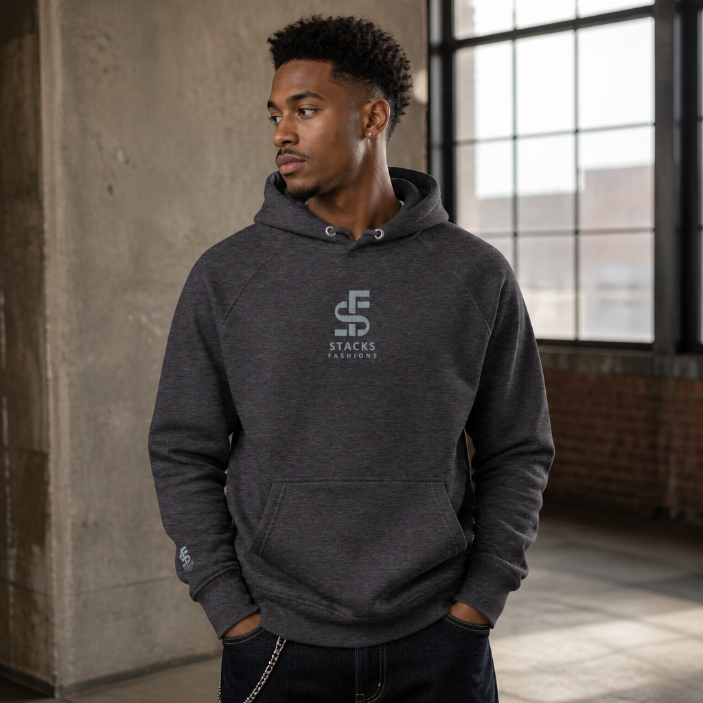 Stacks Signature Unisex Eco Raglan Hoodie Charcoal Melange On-Model