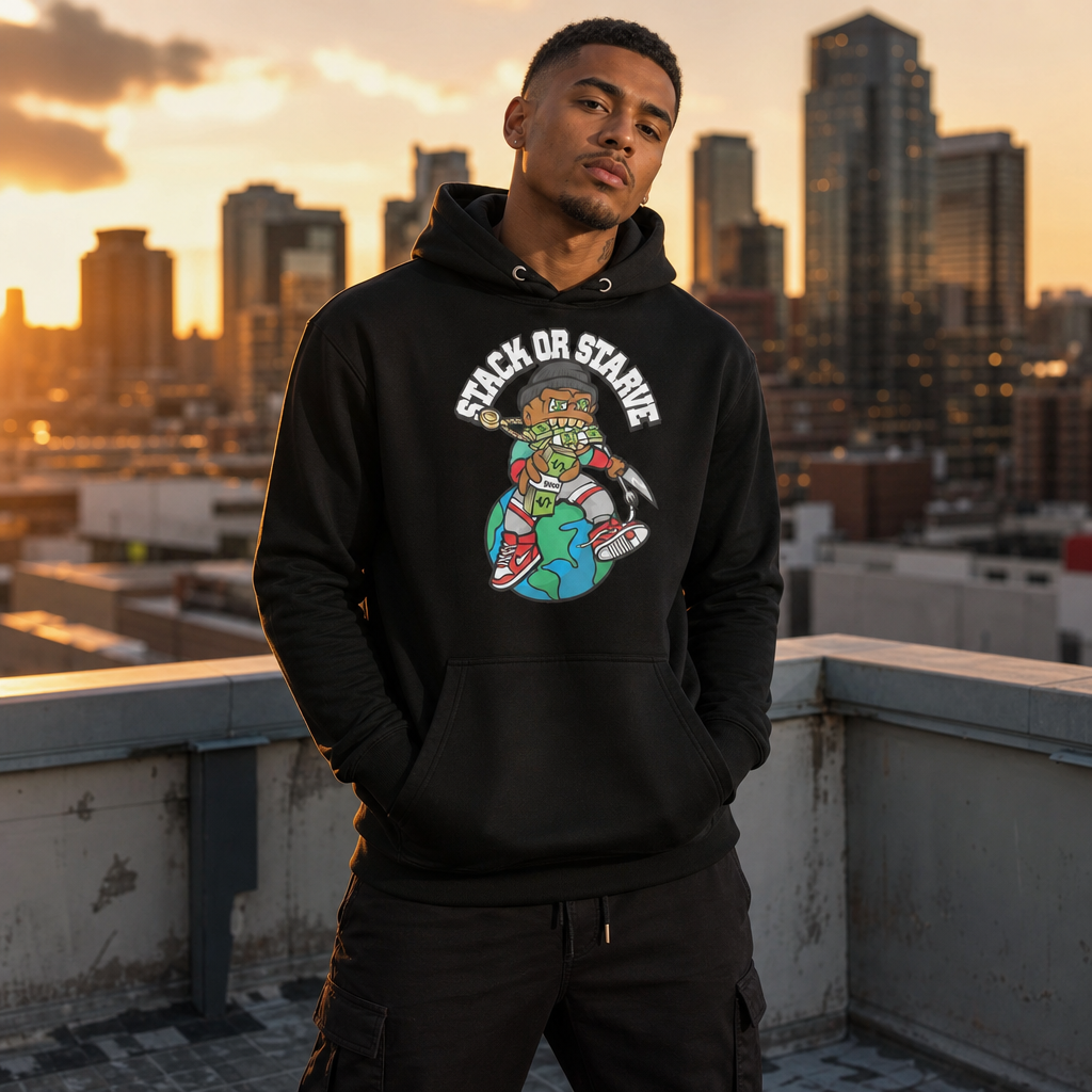 Stacks Stack or Starve Premium Hoodie Black On-Model