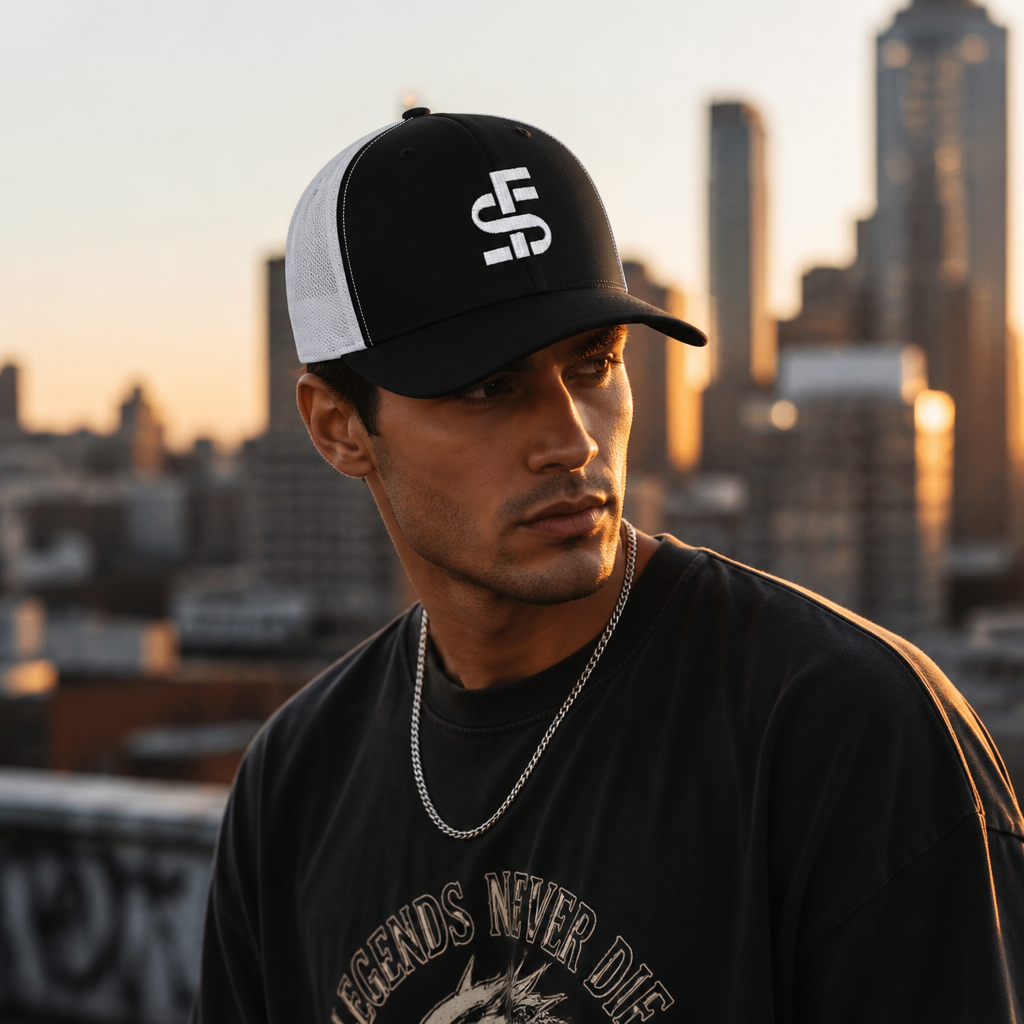 Stacks Signature Retro Trucker Cap Black White On-Model