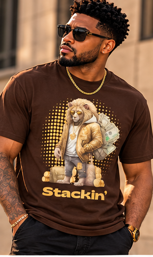 Stacks Fashions Stackin Lion T-shirt worn by lifestyle model 1