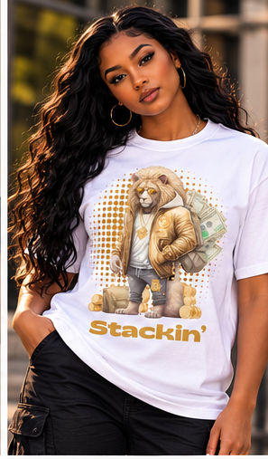 Stacks Fashions Stackin Lion T-shirt worn by lifestyle model 4