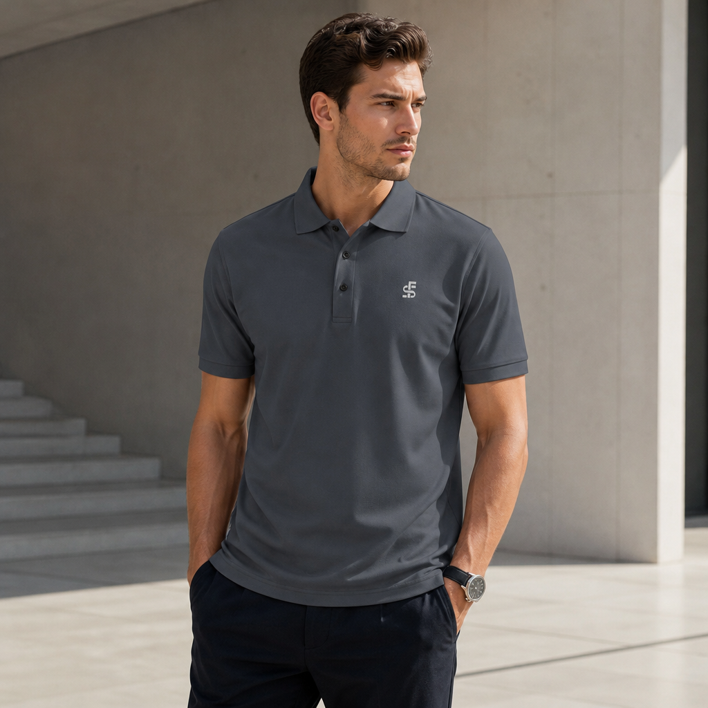 Stacks Signature Monogram Pique Polo Steel Grey On-Model